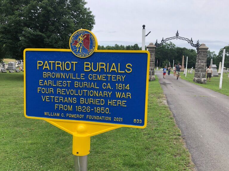 Patriot Burials historical marker at Brownville Cemetery, New York.