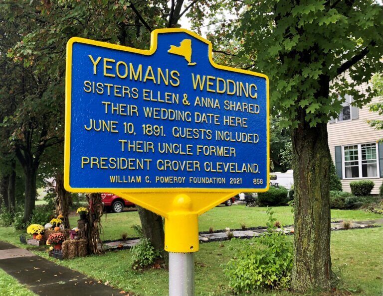 New York State historical marker for Yeomans wedding.