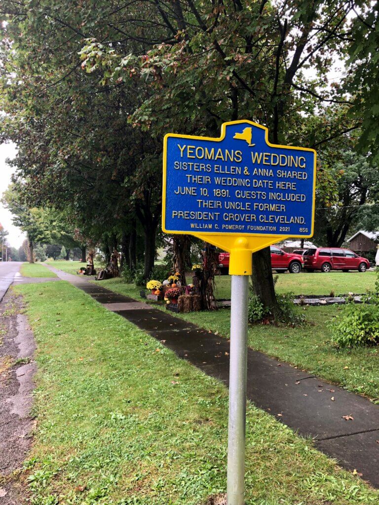 New York State historical marker for Yeomans wedding.