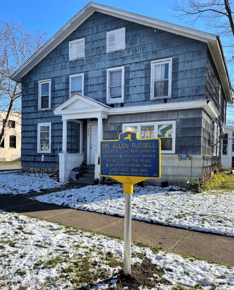 New York State historical marker for Dr. Allen Russell.