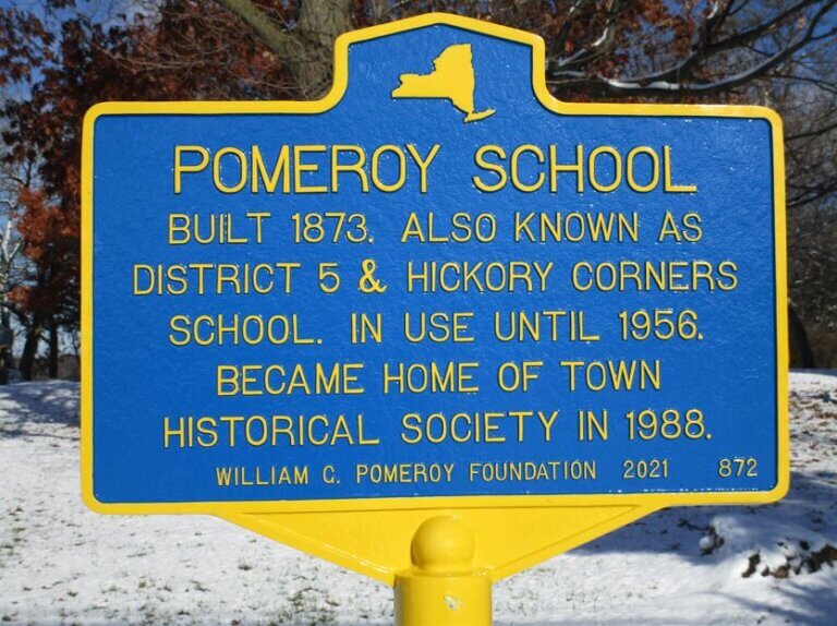 New York State historical marker for the Pomeroy School building.