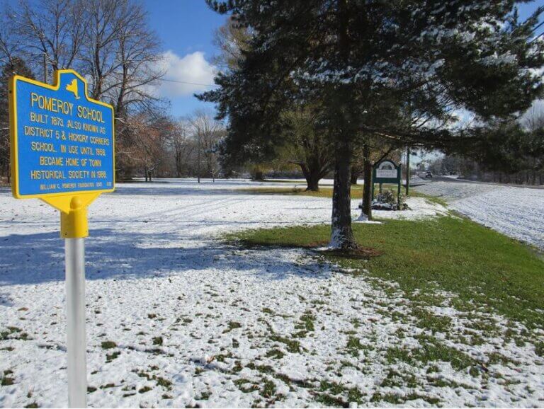 New York State historical marker for the Pomeroy School building.