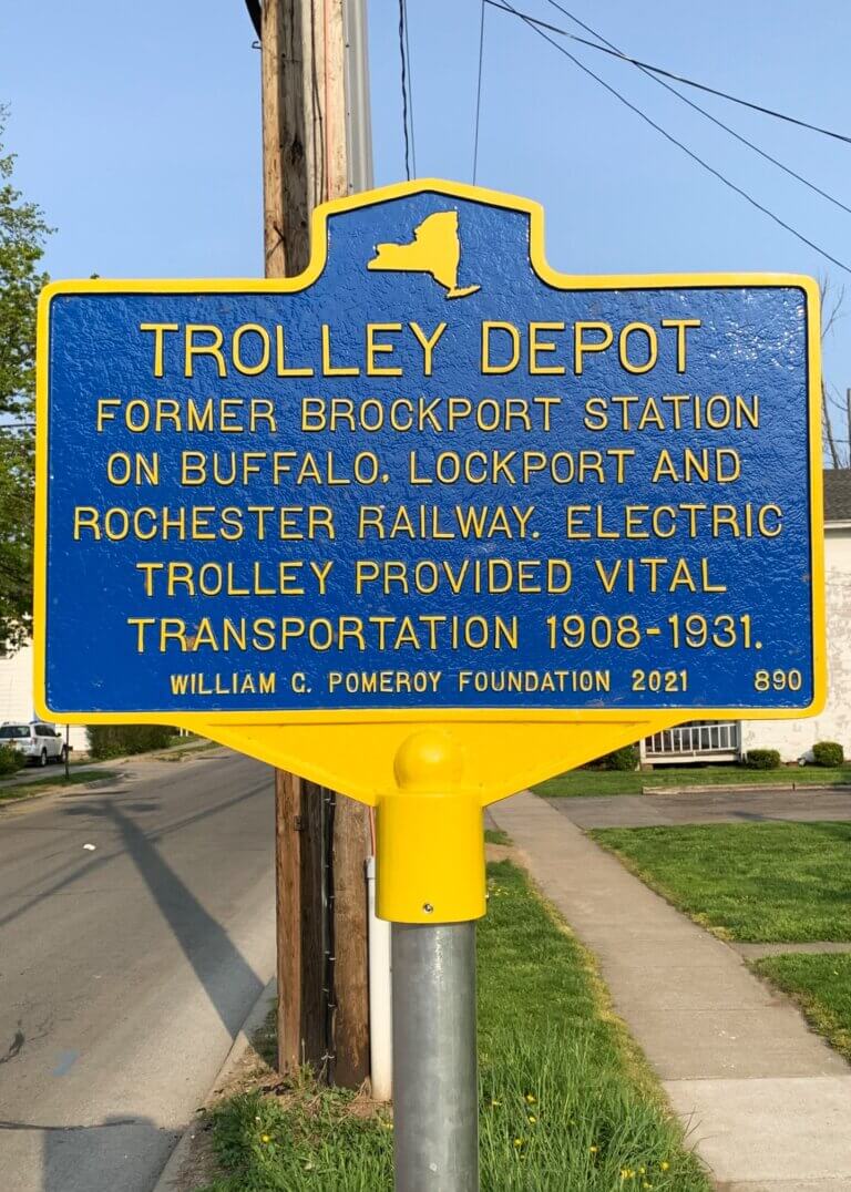 Historical marker for the Trolley Depot in Brockport, NY.