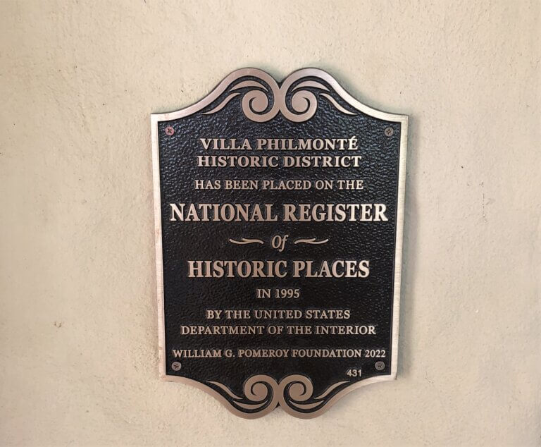 National Register plaque for the Villa Philmonté Historic District.