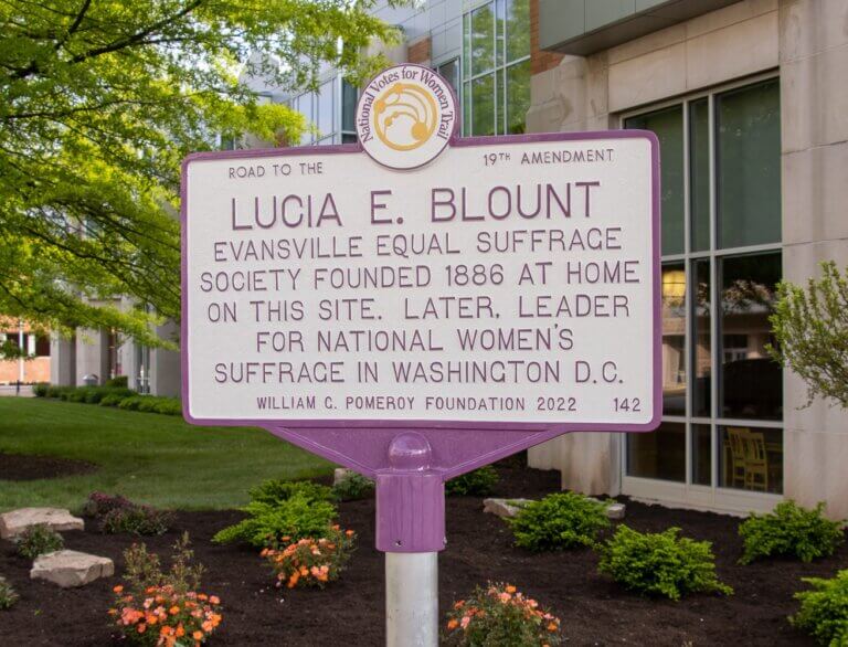 National Votes for Women Trail historical marker for Lucia Blount, Evansville, Indiana.