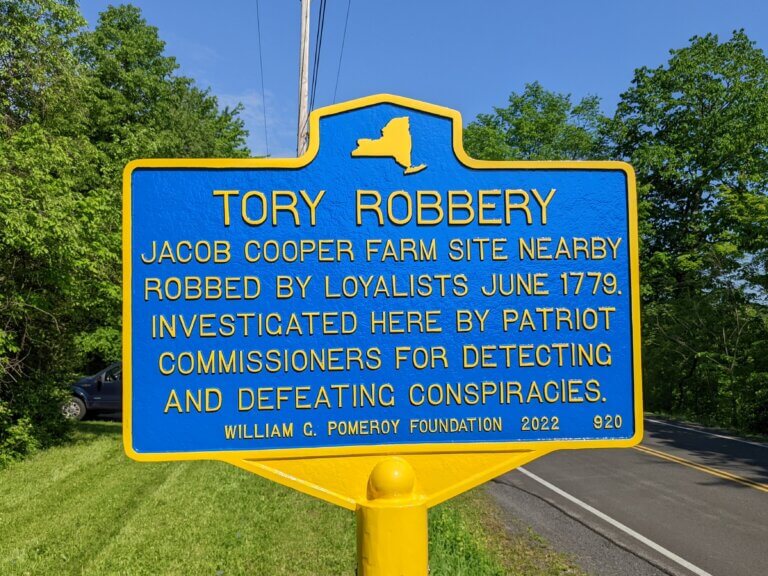 Historical marker for Tory Robbery. Marker funded by the William G. Pomeroy Foundation.