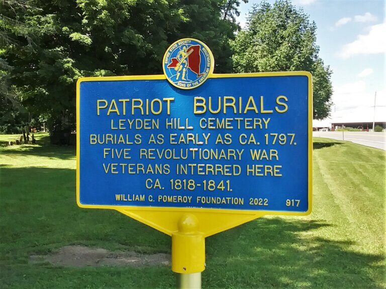 Patriot Burials marker at Leyden Hill Cemetery.