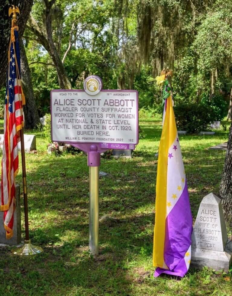 National Votes for Women Trail marker for Alice Scott Abbott, Espanola, Florida. Marker funded by the William G. Pomeroy Foundation.