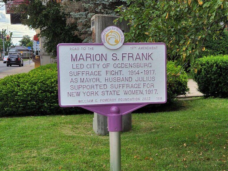 National Votes for Women Trail marker for Marion Frank, Ogdensburg, New York.
