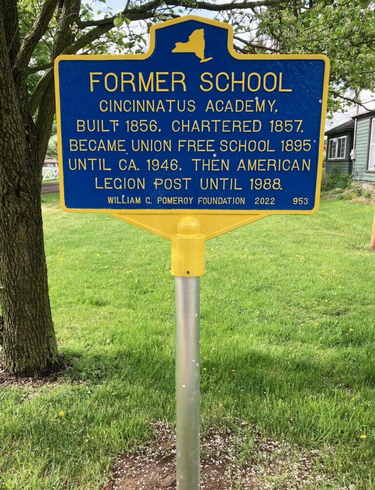 New York State historical marker for Former School, Cincinnatus, New York.
