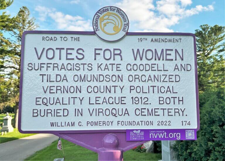 National Votes for Women Trail marker for Kate Goodell and Tilda Omundson, Viroqua, Wisconsin.