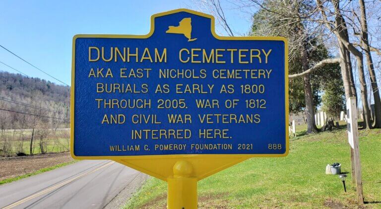 New York State historical marker for Dunham Cemetery.