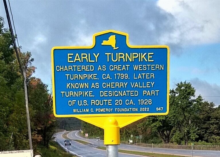 Historical marker for Early Turnpike. Marker funded by the William G. Pomeroy Foundation.