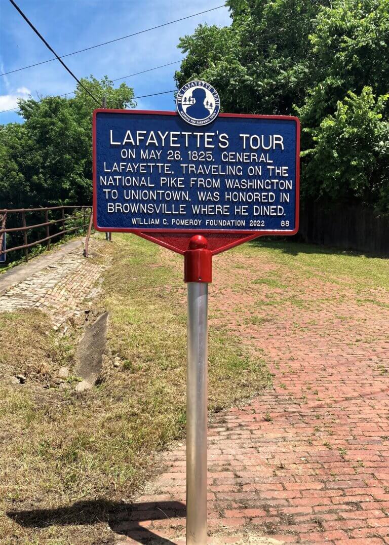 Lafayette Trail marker in Brownsville, Pennsylvania. Marker funded by the William G. Pomeroy Foundation.