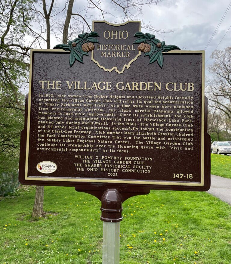 Close up picture of the Ohio historical marker for the Village Garden Club.