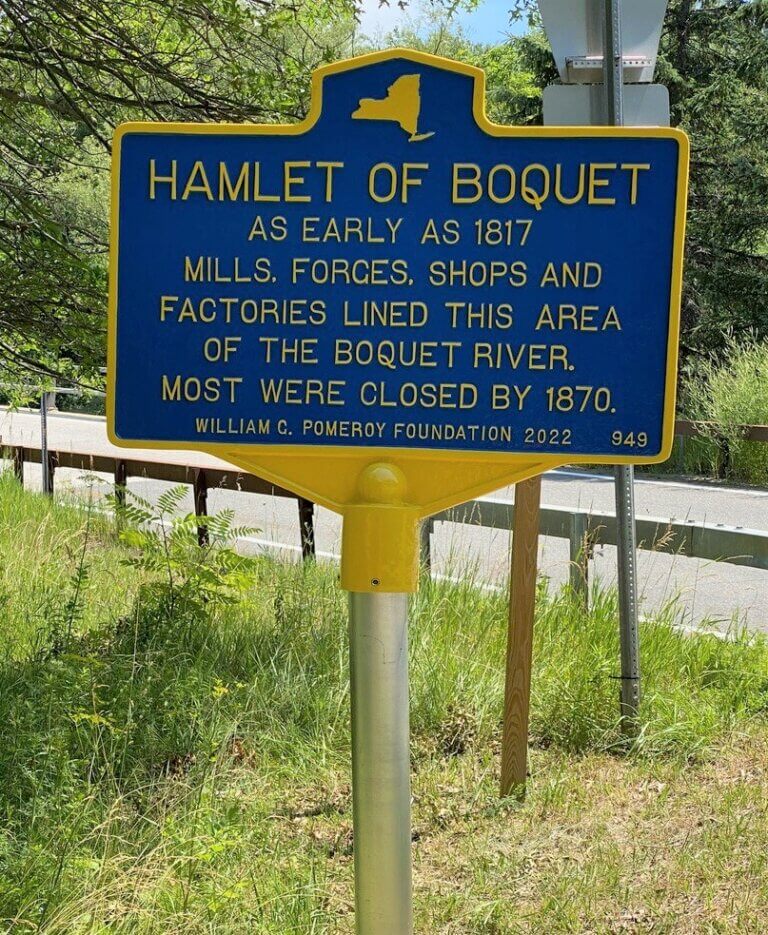 Historical marker for the hamlet of Boquet.