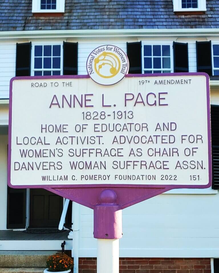 National Votes for Women Trail marker honoring Anne L. Page, Danvers, Massachusetts.