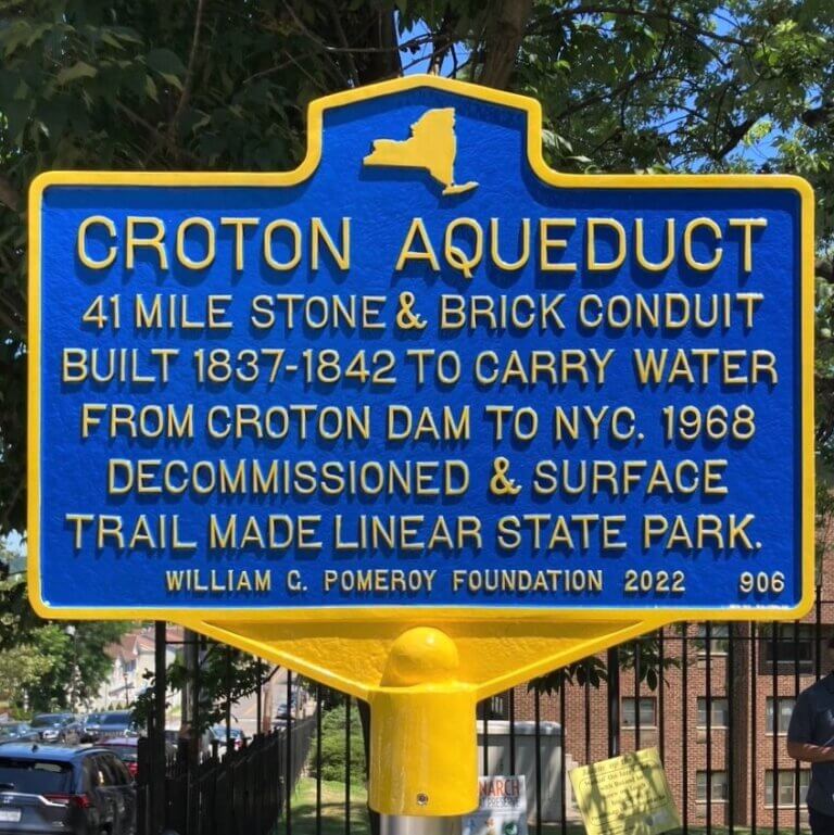 Historical marker for the Croton Aqueduct, Yonkers, New York. Marker funded by the William G. Pomeroy Foundation.