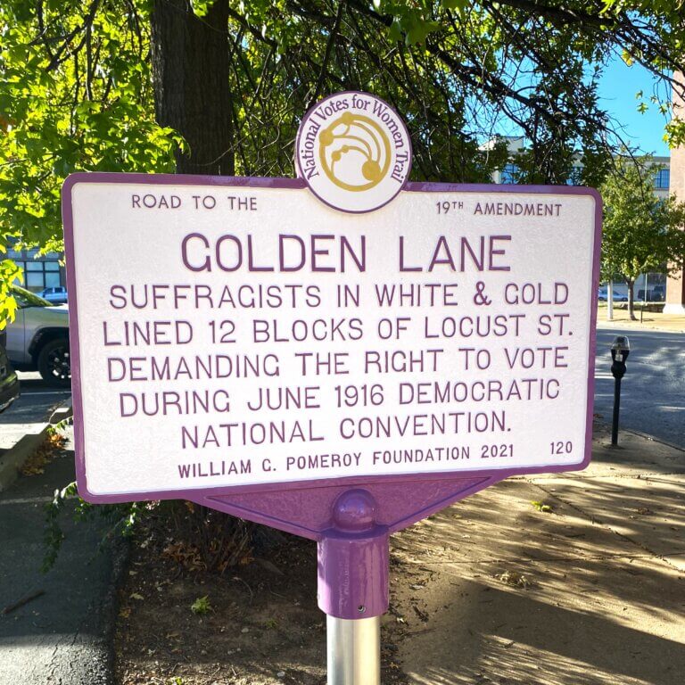 National Votes for Women Trail marker for Golden Lane, St. Louis, Missouri.