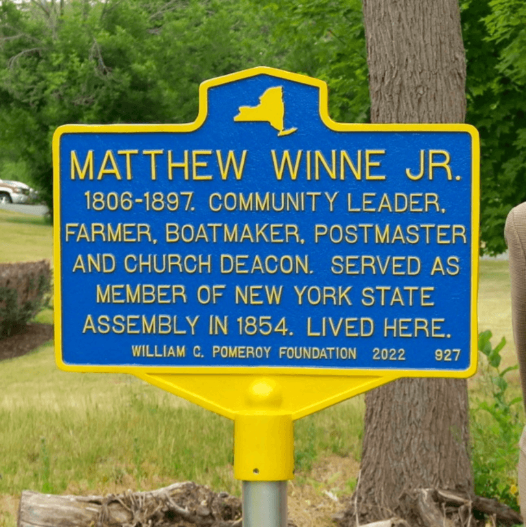 Historical marker for Matthew Winne, Jr., Niskayuna, New York. Marker funded by the William G. Pomeroy Foundation.