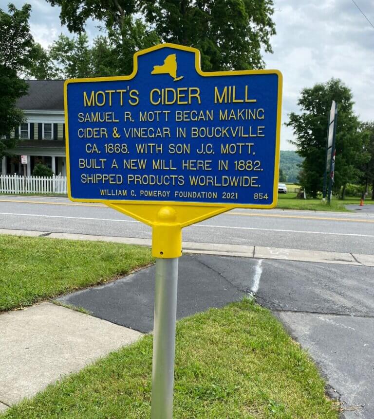 Historical marker for the site of the former Mott's cider mill, Bouckville, New York.