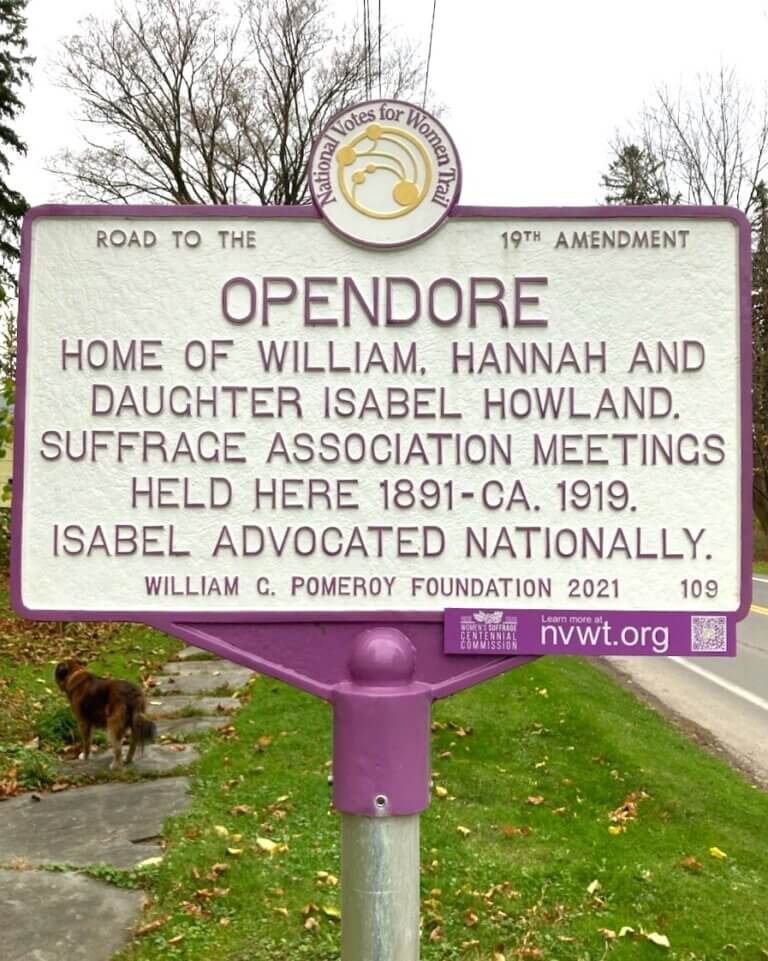 National Votes for Women Trail marker commemorating Opendore, Aurora, New York.