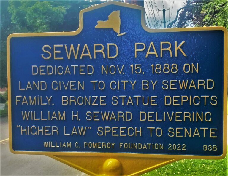 Historical marker for Seward Park, Auburn, New York. Marker funded by the William G. Pomeroy Foundation.