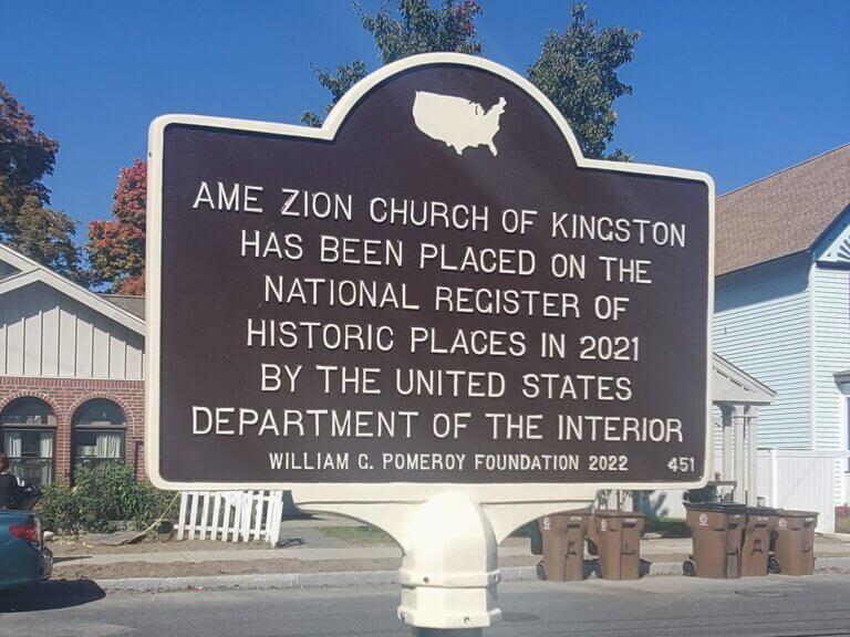 National Register marker for the AME Zion Church of Kingston, New York. Marker funded by the William G. Pomeroy Foundation.