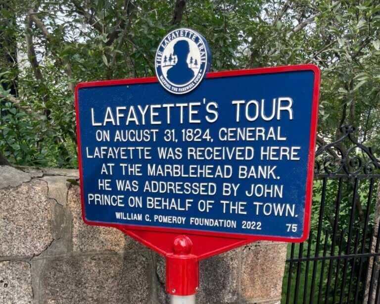 Lafayette Trail historical marker funded by the William G. Pomeroy Foundation, Marblehead, Massachusetts.