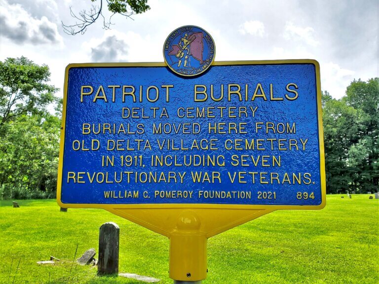 Patriot Burials historical marker at Delta Cemetery.