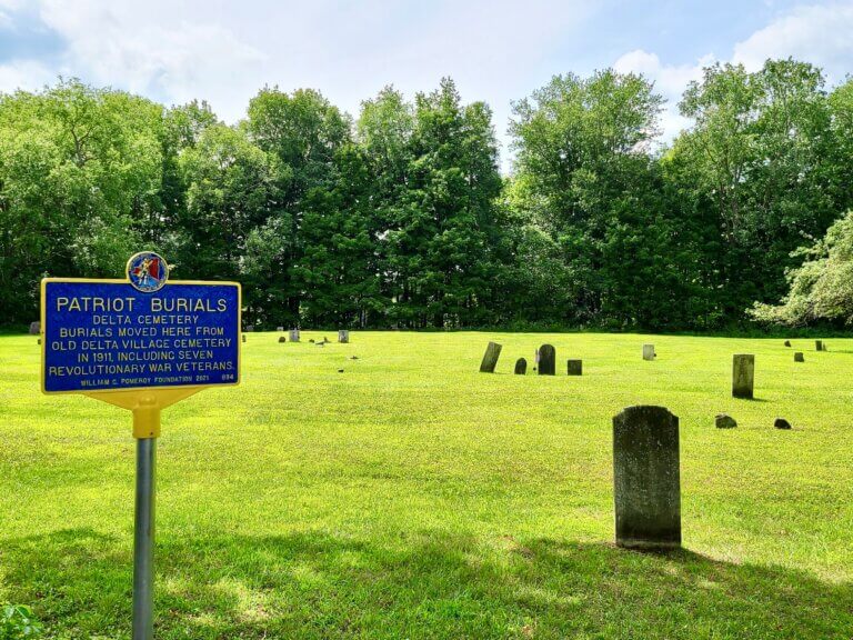 Patriot Burials historical marker at Delta Cemetery.