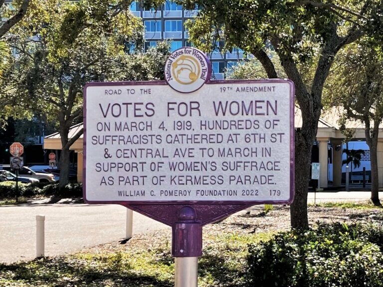 National Votes for Women Trail marker for Kermess Parade, St. Petersburg, Florida. Marker funded by the William G. Pomeroy Foundation.