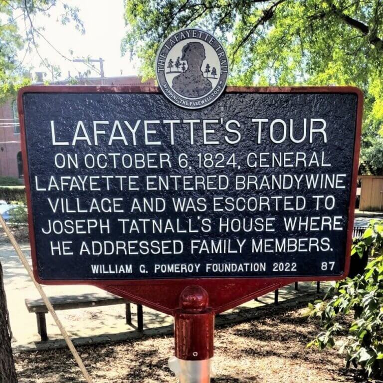 Lafayette Trail historical marker in Wilmington, Delaware. Marker funded by the William G. Pomeroy Foundation.