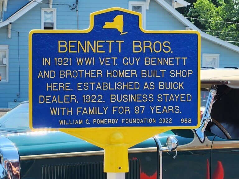 Bennett Bros. historical marker, Wayland, New York. Marker funded by the William G. Pomeroy Foundation.