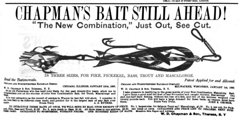 Chapman's Lures advertisement. Found in The American Angler, vol. VII, no. 11, March 14, 1885.
