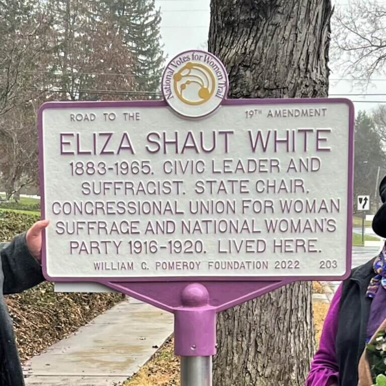 National Votes for Women Trail marker for Eliza Shaut White, Johnson City, Tennessee. Marker funded by the William G. Pomeroy Foundation.