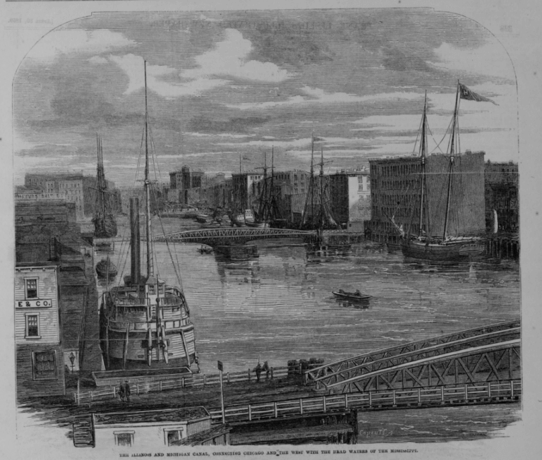 “The Illinois and Michigan Canal, Connecting Chicago and the West with the Head Waters of the Mississippi,” Frank Leslie’s Illustrated Newspaper, April 30, 1859.