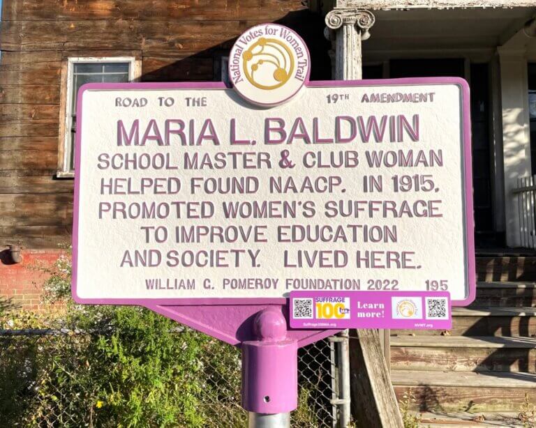 National Votes for Women Trail marker for Maria Baldwin, Cambridge, Massachusetts.