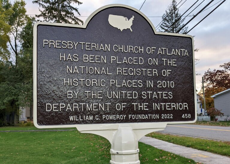 National Register marker for the Presbyterian Church of Atlanta. Marker funded by the William G. Pomeroy Foundation.