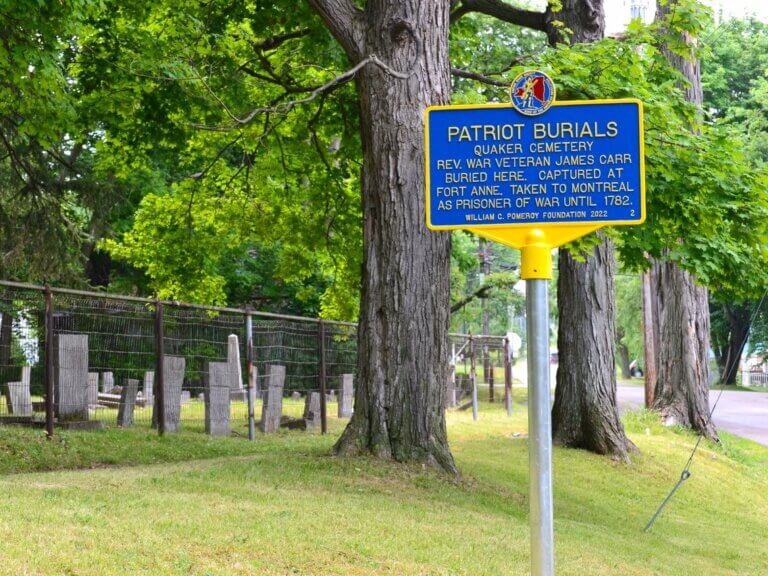 Patriot Burials historical marker for Quaker Cemetery, Union Springs, New York. Marker funded by the William G. Pomeroy Foundation.
