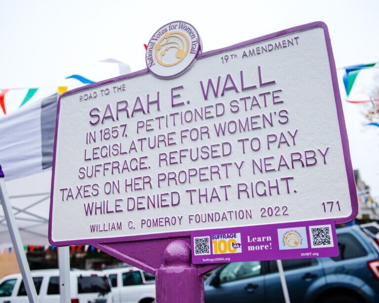 National Votes for Women Trail marker for Sarah E. Wall, Worcester, Massachusetts.