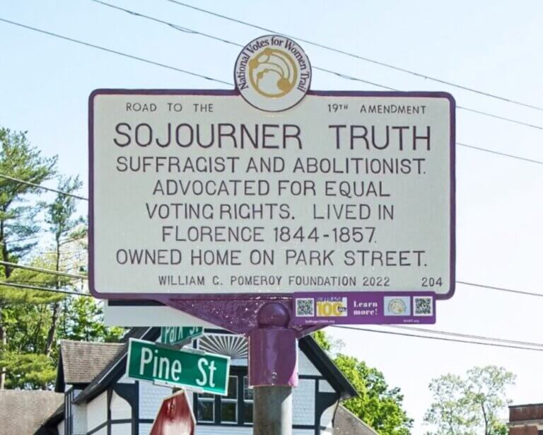 National Votes for Women Trail marker for Sojourner Truth, Florence, Massachusetts. Marker funded by the William G. Pomeroy Foundation.