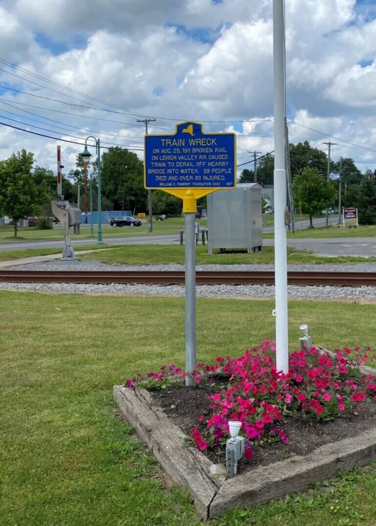 New York State historical marker for train wreck, Manchester, New York.