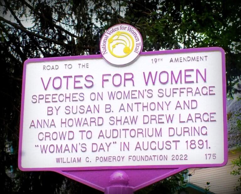 National Votes for Women Trail marker funded by the William G. Pomeroy Foundation that commemorates the 1891 Woman's Day, Lily Dale, N.Y.