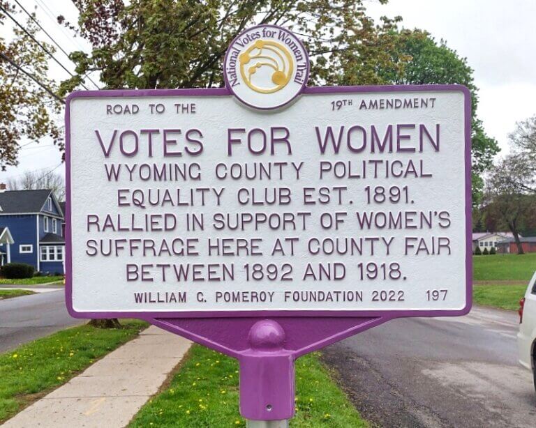 National Votes for Women Trail historical marker for the Wyoming County Political Equality Club, Warsaw, New York.