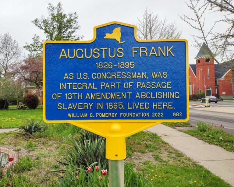 New York State historical marker for Augustus Frank. Marker funded by the William G. Pomeroy Foundation.