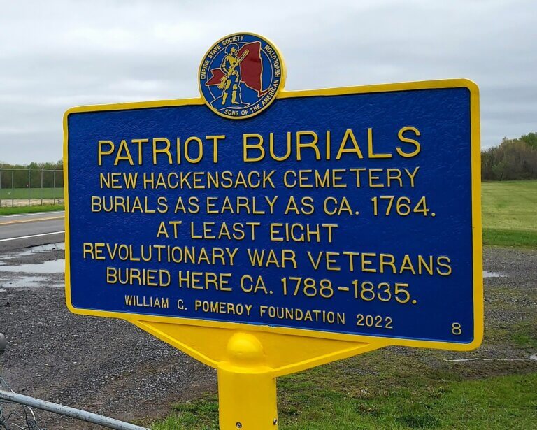 Patriot Burials marker for New Hackensack Cemetery. Marker funded by the William G. Pomeroy Foundation.