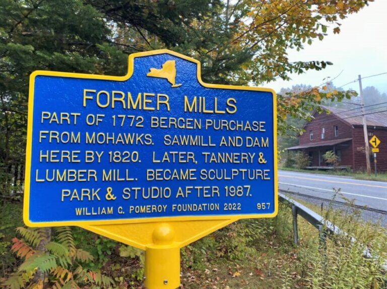 Historical marker for Former Mills. Marker funded by the William G. Pomeroy Foundation.