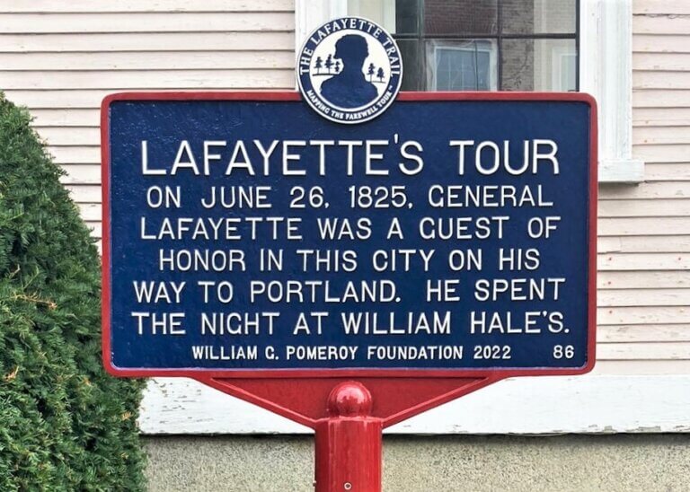 Lafayette Trail marker in Dover, New Hampshire. Marker funded by the William G. Pomeroy Foundation.