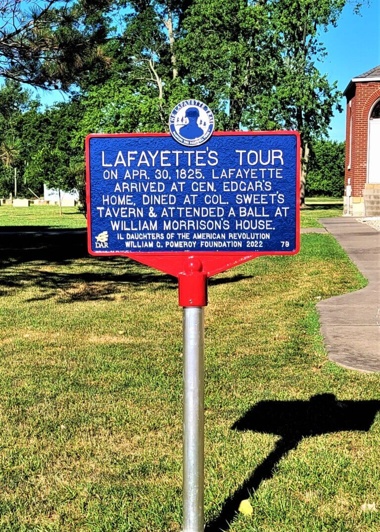Lafayette Trail marker in Kaskaskia, Illinois. Marker funded by the William G. Pomeroy Foundation.